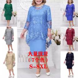 歐美新款連衣裙大碼女裝晚禮服蕾絲綉花兩件套氣質通勤修身