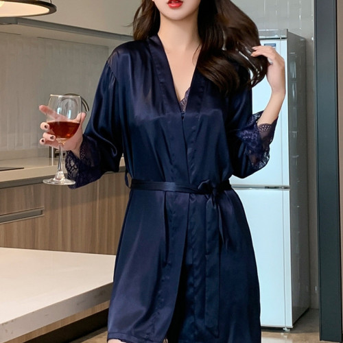 睡衣女春夏季薄款兩件套睡袍性感蕾絲睡裙絲綢家居服套裝可外穿