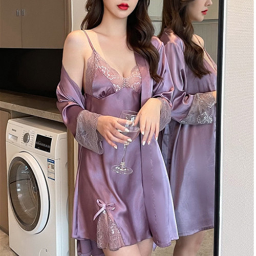 睡衣女春夏季薄款兩件套睡袍性感蕾絲睡裙絲綢家居服套裝可外穿