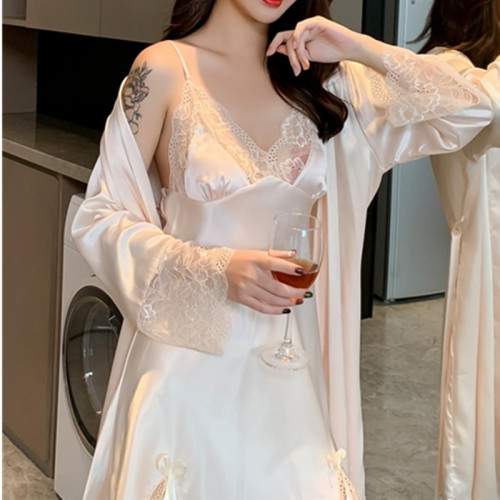 睡衣女春夏季薄款兩件套睡袍性感蕾絲睡裙絲綢家居服套裝可外穿