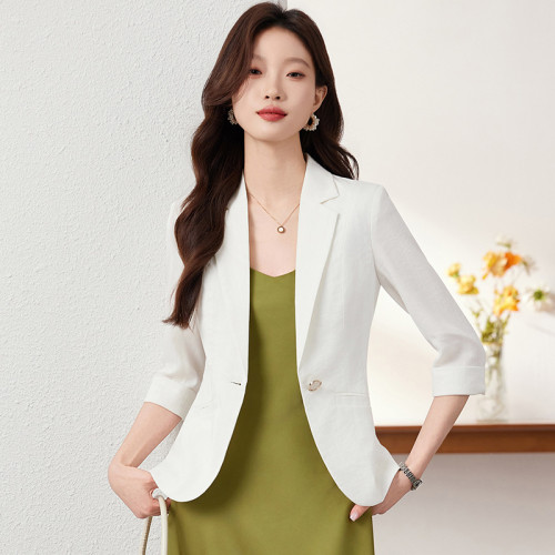白色小西裝外套女夏薄款2025新款七分袖輕薄西服亞麻短款上衣夏款