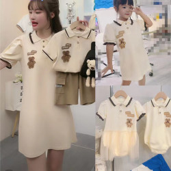 小熊刺綉親子裝夏一家三四口母子母女連衣裙嬰兒爬服POLO翻領短袖