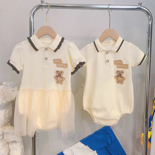小熊刺綉親子裝夏一家三四口母子母女連衣裙嬰兒爬服POLO翻領短袖