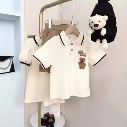 小熊刺綉親子裝夏一家三四口母子母女連衣裙嬰兒爬服POLO翻領短袖