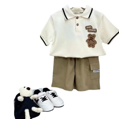 小熊刺綉親子裝夏一家三四口母子母女連衣裙嬰兒爬服POLO翻領短袖