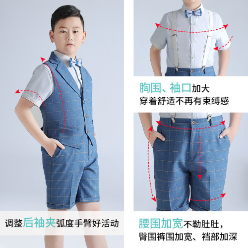 男童禮服夏季新款加肥加大短袖背帶褲套裝胖版中大童演出衣服