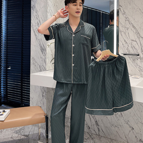 2024新款睡衣夏季冰絲短袖短褲三件套薄款男士夏天絲綢家居服套裝