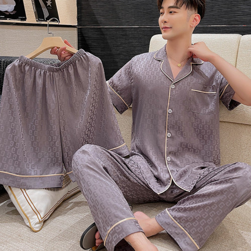 2024新款睡衣夏季冰絲短袖短褲三件套薄款男士夏天絲綢家居服套裝
