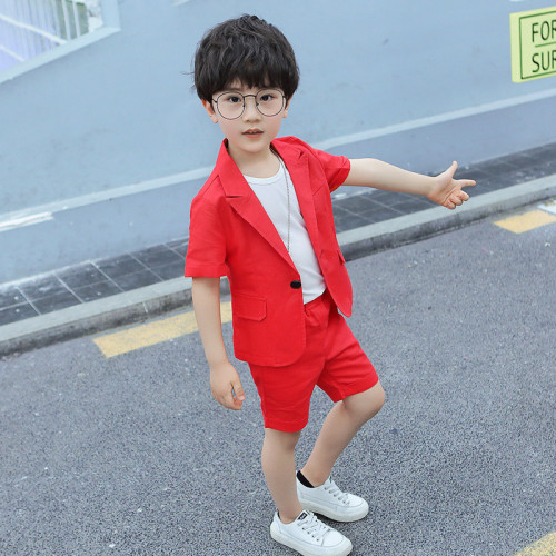 兒童西裝套裝夏款麻西兩件套男童表演服禮服節目主持演出服