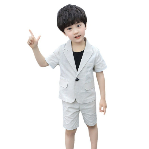 兒童西裝套裝夏款麻西兩件套男童表演服禮服節目主持演出服