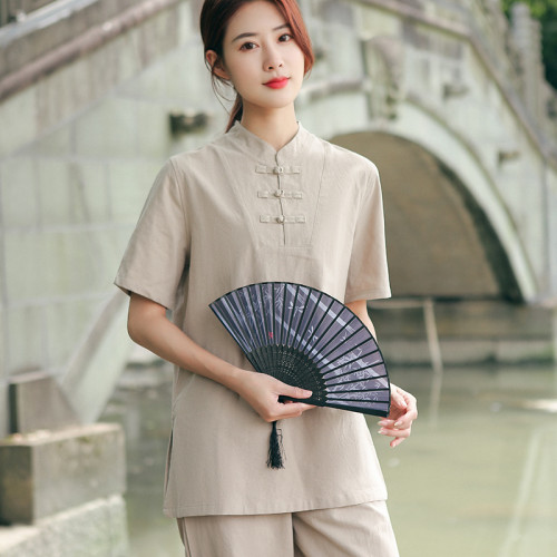 中式棉麻瑜伽服套裝禪修服茶藝服太極服居士打坐服