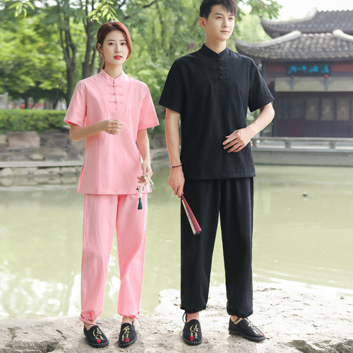中式棉麻瑜伽服套裝禪修服茶藝服太極服居士打坐服