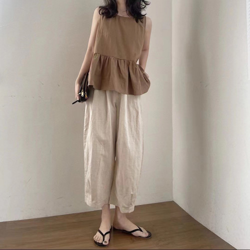孕婦濶腿褲夏季薄款寬松復古棉麻百搭時尚休閒九分托腹褲子