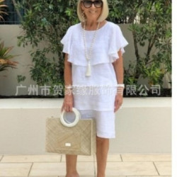 夏季新款 2025歐美 爆款披肩圓領多層次套頭喇叭袖中長裙
