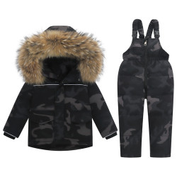 歐美兒童羽絨服套裝男童女童加厚1-6嵗滑雪服羽絨兩件套