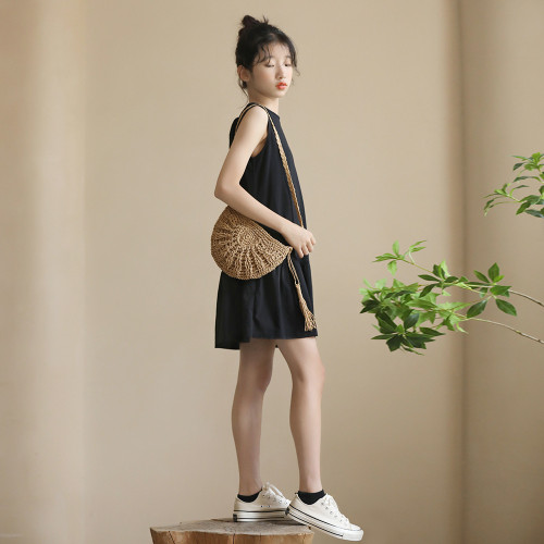 女中大童連衣裙2024夏新款日系寬松親短款子黑色針織童裙涼爽