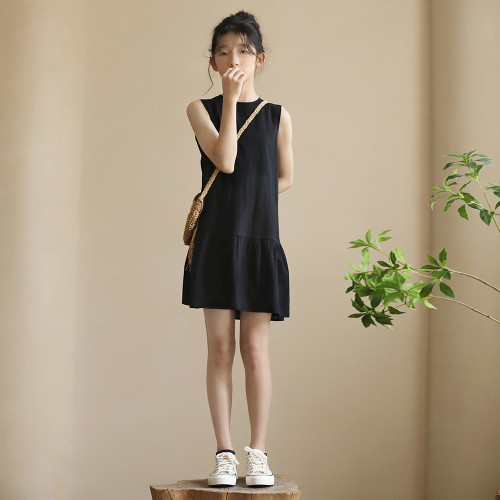 女中大童連衣裙2024夏新款日系寬松親短款子黑色針織童裙涼爽