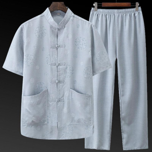 唐裝男爸爸短袖套裝風薄款中老年人漢服爺爺夏裝老人晨練衣服