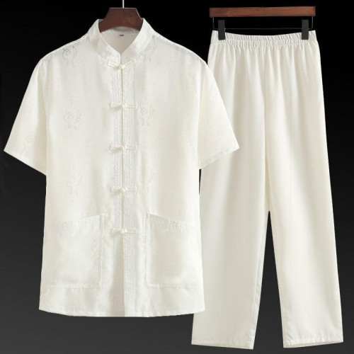 唐裝男爸爸短袖套裝風薄款中老年人漢服爺爺夏裝老人晨練衣服