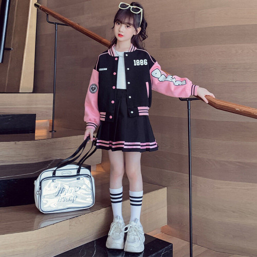 女童學院風套裝裙子春秋新款大童洋氣親子裝外套女孩棒球服兩件套