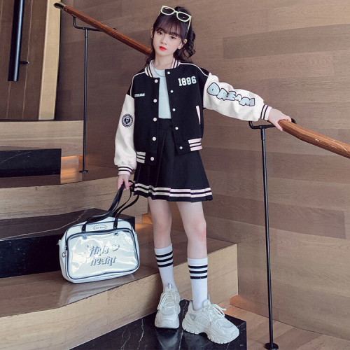 女童學院風套裝裙子春秋新款大童洋氣親子裝外套女孩棒球服兩件套