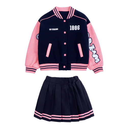 女童學院風套裝裙子春秋新款大童洋氣親子裝外套女孩棒球服兩件套
