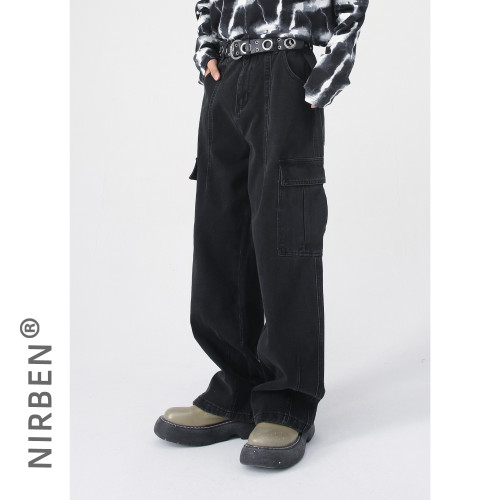nirben牛仔|  街頭濶腿工裝褲男女直筒寬松顯瘦潮牌復古牛仔長褲