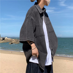 牛仔短袖襯衫男港風工裝復古寬松襯衣ins潮牌潮流寬松七分袖外套