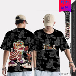 原創國潮醒獅短袖T恤手繪設計3D印花文化衫夏季潮流休閒寬松短袖