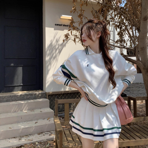 條紋運動polo領衛衣女早秋美式復古長袖外套白色辣妹寬松短款上衣