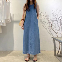 時尚長裙圓領無袖口袋寬松長款背心牛仔長袍連衣裙女