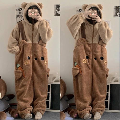 秋冬珊瑚絨甜美可愛背帶熊鯊魚米奇連帽加厚家居服男女睡衣