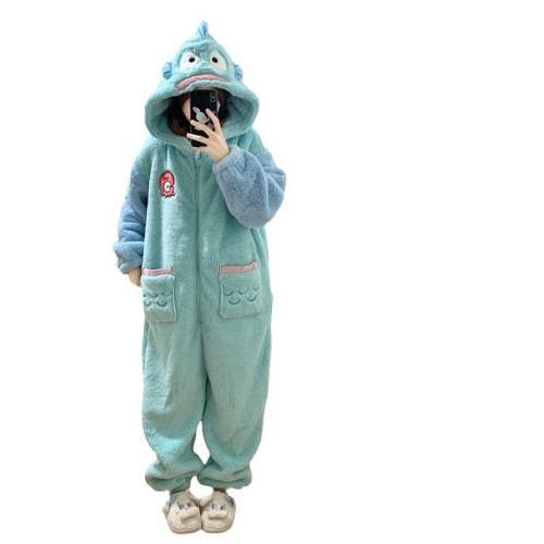 秋冬珊瑚絨甜美可愛背帶熊鯊魚米奇連帽加厚家居服男女睡衣