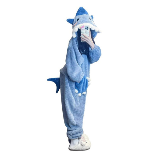 秋冬珊瑚絨甜美可愛背帶熊鯊魚米奇連帽加厚家居服男女睡衣
