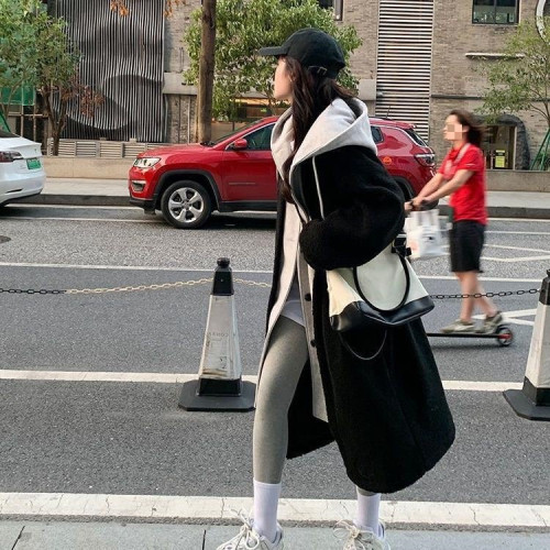 秋冬新款長款連帽外套女羊羔絨百搭寬松加絨衛衣女韓系外套chic潮