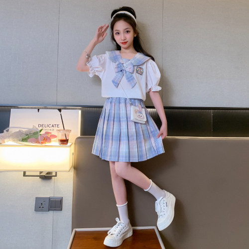 女童JK套裝裙韓版六一表演服短袖夏裝學院風女孩百褶裙兩件套潮