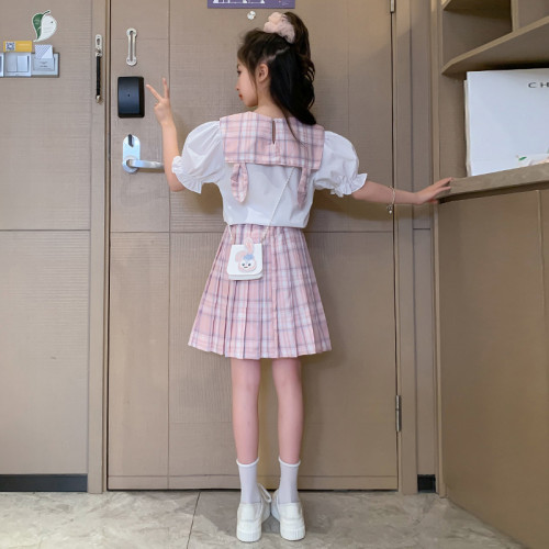 女童JK套裝裙韓版六一表演服短袖夏裝學院風女孩百褶裙兩件套潮