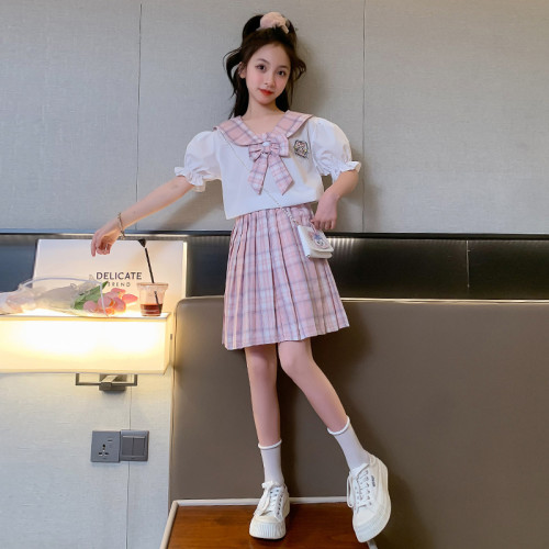 女童JK套裝裙韓版六一表演服短袖夏裝學院風女孩百褶裙兩件套潮