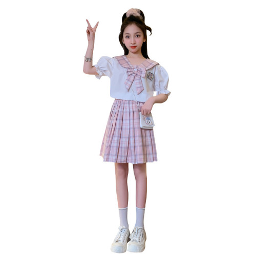女童JK套裝裙韓版六一表演服短袖夏裝學院風女孩百褶裙兩件套潮
