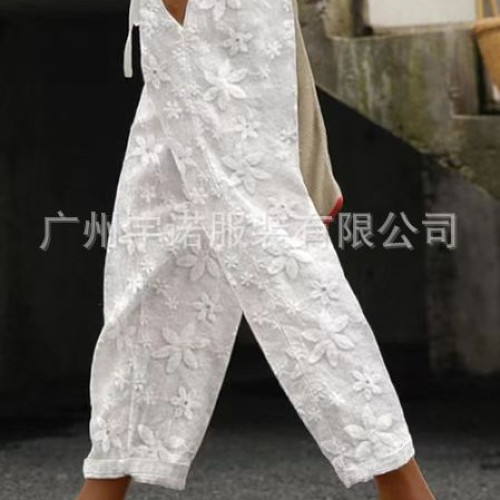 2023歐美獨立站女士優雅綉花棉麻休閒褲
