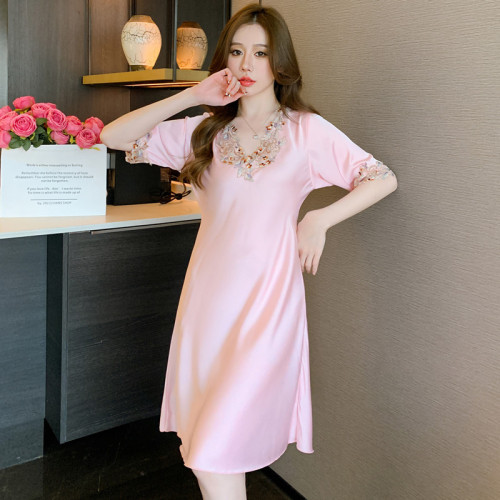 五彩花邊絲綢睡裙家居服女冰絲睡裙夏季網紅連衣裙高貴家居服