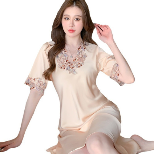 五彩花邊絲綢睡裙家居服女冰絲睡裙夏季網紅連衣裙高貴家居服