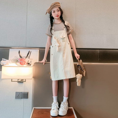女童背帶裙秋季套裝2024韓版兒童時髦洋氣連衣裙中大童春裝兩件套