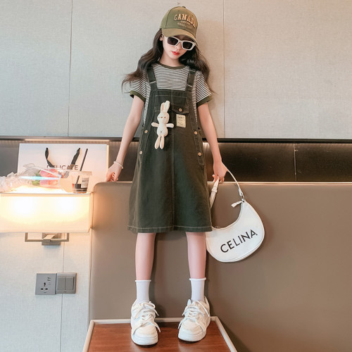 女童背帶裙秋季套裝2024韓版兒童時髦洋氣連衣裙中大童春裝兩件套