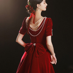 敬酒服新娘2025新款結婚禮服小個子訂婚連衣裙紅色絲絨氣質高級感