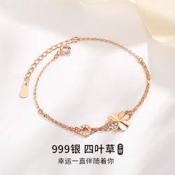 S999純銀四葉草手鏈女韓系小衆高級感輕奢ins風雙層手飾夏520禮物
