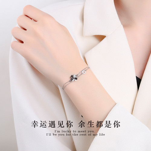 S999純銀四葉草手鏈女韓系小衆高級感輕奢ins風雙層手飾夏520禮物