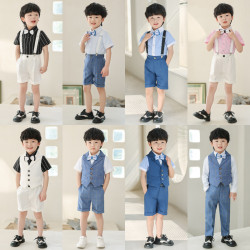 男童馬甲套裝夏季新款短袖中大童演出服兒童演講寶寶周嵗花童禮服