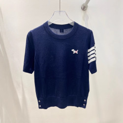南油高品質天絲羊毛修身棉寬松型印花短袖藏青色薄氣質通勤針織