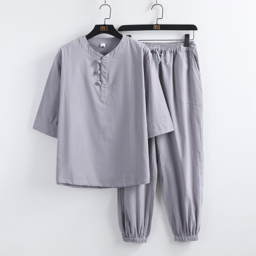 夏季風亞麻短袖套裝男士盤釦半袖唐裝漢服居士服中式棉麻套裝